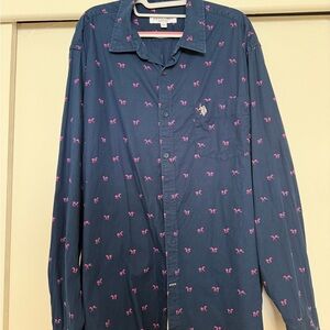 U.S. Polo Assn. Navy Button-Down Shirt with Pink Pony Print
